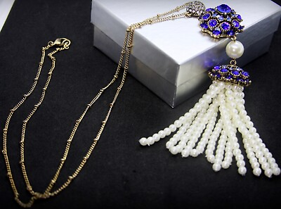 #ad Gold Plated Long Pearl Tassel Blue Pendant Necklace made w Swarovski Crystal $66.00