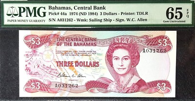 #ad PMG GEM UNC 65 EPQ 1974 BAHAMAS Central Bank 3 Dollar B Note FREE 1 note #21407 $68.00