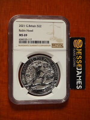 #ad 2021 £2 GREAT BRITAIN SILVER ROBIN HOOD NGC MS69 BROWN LABEL 1 OZ .999 FINE $79.00