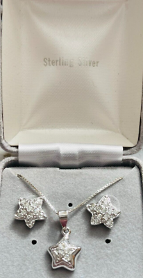 #ad ☘☘Sterling Star Shape Silver Clear Cubic Zirconia Pendant Earrings Set Estate☘☘ $37.85