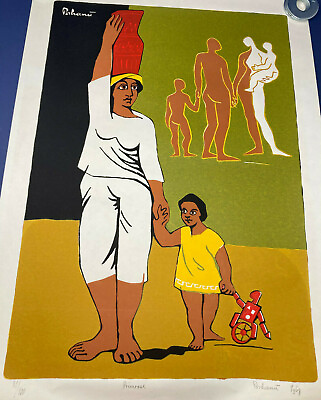 #ad Tassow Brhanu quot;Primrosequot; Color Linocut Mother amp; Child Ethiopian Artist 1968 $240.00