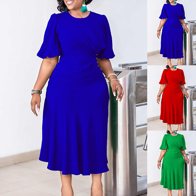 #ad Womens Plus Size Pleated Midi Dress Ladies Short Sleeve Summer Holiday Sundress $7.99
