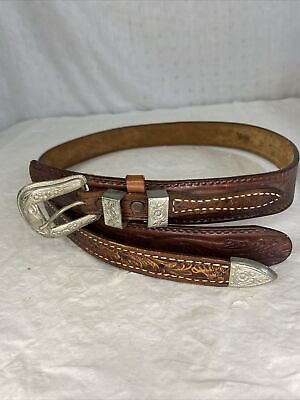 #ad Leather Belt Size 32 Textan Cowhide USA Vintage W Buckle Tooled Western $18.49