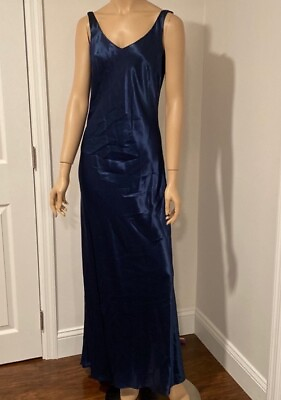 #ad Steppin Out Women’s Navy Blue Vintage Y2K Satin Slip Maxi Dress Gown $40.00