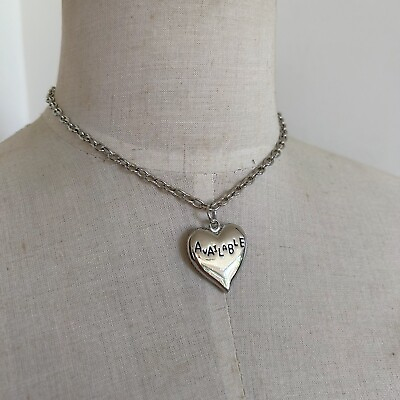 #ad y2k Style Silver Heart Necklace Chunky Taken Available Engraved Charm AU $22.00