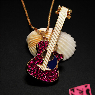 #ad New Beautiful Rose Crystal Guitar Enamel Fashion Women Pendant Sweater Necklace $3.95