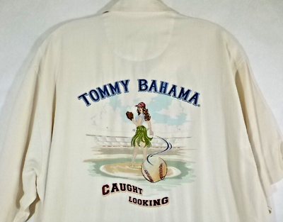 #ad Tommy Bahama Baseball Mens Casual Button Down Shirt Medium Lite Beige 100% Silk $22.49