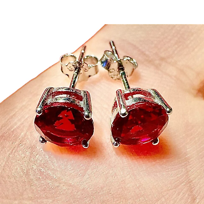 #ad Red Ruby 925 Sterling Silver Stud Earrings for Women 6MM lab created Ruby Studs $15.28