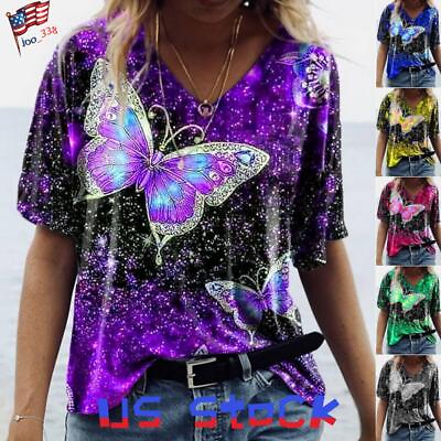 #ad Womens Summer V Neck Butterfly Tops T Shirt Ladies Casual Loose Blouse Plus Size $13.67