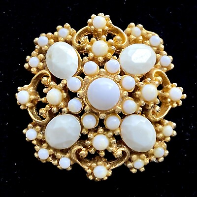 #ad Vintage White Balls amp; Faceted Beads Antique Gold Tone Pin Brooch Jewelry 1.25” $18.95