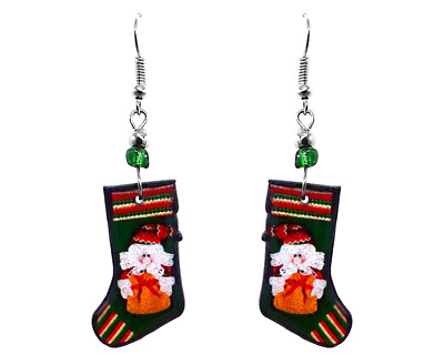 #ad Green Christmas Stocking Graphic Dangle Earrings Jewelry Holiday Winter Themed $13.99