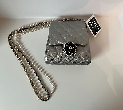 #ad INZI NWT Silver Metallic Quilted Leather Crossbody $34.99