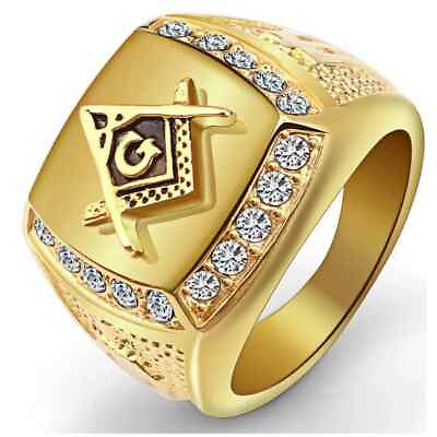 #ad 2Ct Lab Created Diamond Freemason Ring Men Hip Hop Iced 14K Yellow Gold Plated $242.43