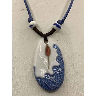#ad Blue White Porcelain Pendant 20quot; Cord Adjustable Necklace Hand Painted $18.84