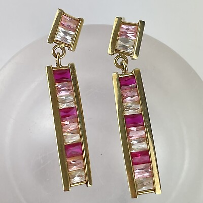 #ad 9ct Yellow Gold Tested CZ Cubic Zirconia amp; Pink Stone Drop Style Earrings 36mm GBP 195.00