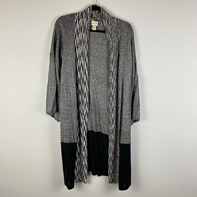 #ad Chicos Long Cardigan Sweater Womens 2 US Large Gray Black Open Front Metallic $19.95