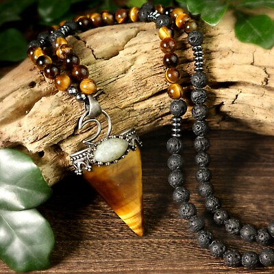#ad Natural Lava Rocks Tiger Eye Beaded Arrow Charm Meditation Healing Mala Necklace $18.00