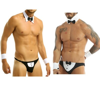 #ad Mens Dancer Costume Waiter Lingerie Sexy Tuxedo Suit Bow Tie Cuffs G string Set $8.54