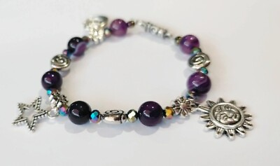 #ad Purple Beaded Stretch Bracelet Star Charms Handmade New; Reiki GBP 4.00