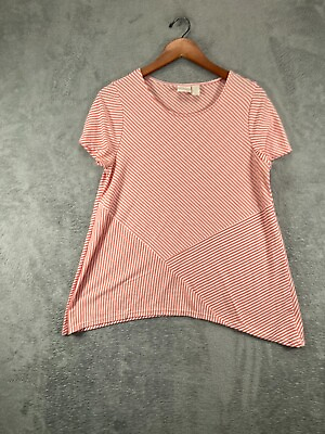 #ad Womens Tops Medium 8 Chicos Pink Diagonal Stripe Knit Shirt Blouse Asymmetrical $12.59
