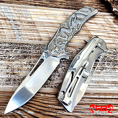 #ad 8” Silver Dragon Knife Tactical Spring Assisted Open Blade Folding Pocket Knife $16.96