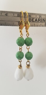 #ad Vintage Elements White Milk Glass and 1930s Spring Green dangle drop Earrings $8.77