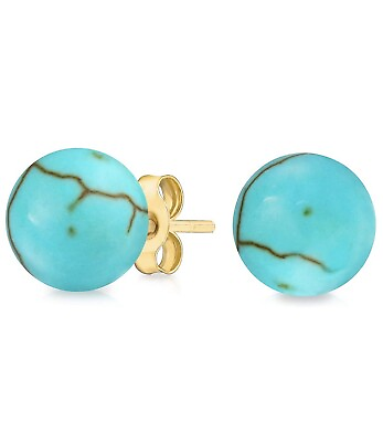 #ad 14k Solid Yellow Gold Genuine Turquoise Ball Studs Earrings For Ladies $29.99