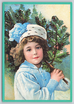 #ad Postcard Pretty Victorian Girl Carrying Fresh Cut Christmas Tree 1988 $5.03
