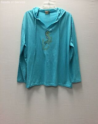 #ad Isaac Designs Casuals Blue Long Sleeve Hooded V Neck Pullover Top Womens 2XL $18.88