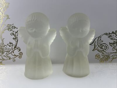 #ad Vintage Set of 2 Satin Frosted Angel Glass Tapered Candle Holders From G. FOX $24.95