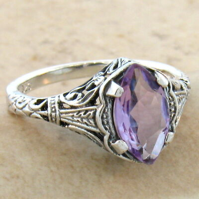 #ad NATURAL AMETHYST 925 STERLING SILVER DECO ANTIQUE STYLE RING SIZE 8 #672 $24.00