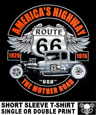 #ad USA ROUTE 66 THE MOTHER ROAD HOT STREET ROD 1932 DEUCE COUPE FLAMES T SHIRT W566 $24.99