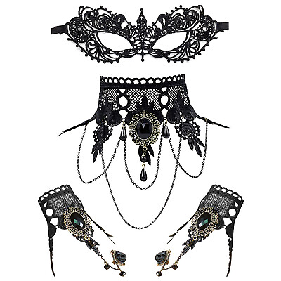 #ad 3Pcs Women Sexy Black Gothic Lace Mask Choker Bracelets Masquerade Party Costume $12.99