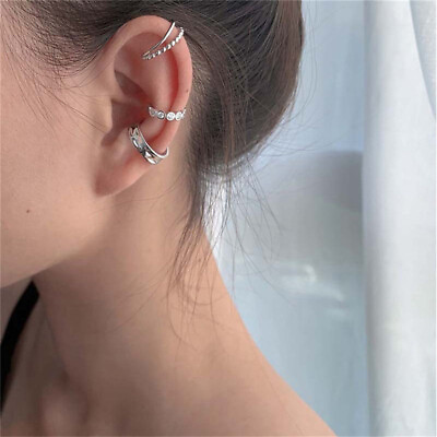 #ad 925 Sterling Silver Zircon Geometric Earrings Ear Cuff Clip earrings 3pcs s $8.28