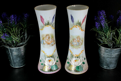 #ad PAIR antique Glass opaline enamel floral romantic decor vases $399.00