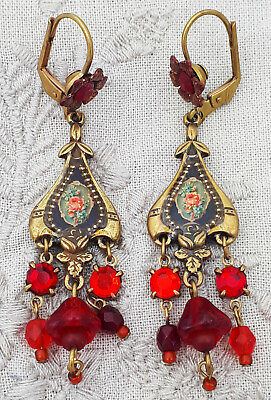 #ad Michal Negrin Red Earrings Victorian Rose Crystals Bell Beads Dangle Drop Retro $89.00