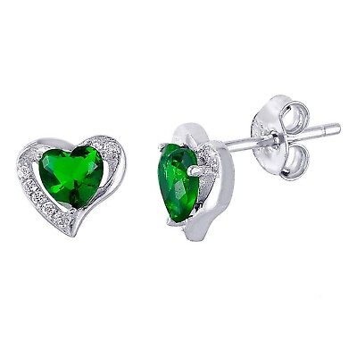 #ad Heart Simulated Birthstone CZ Earrings 925 Sterling Silver 9mm Stud Push Back $16.99