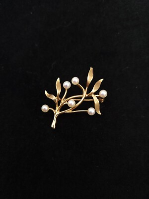 #ad 14K Solid Yellow Gold amp; Pearl Brooch Pin Branch leaf Vintage Fisher amp; Co signed $199.99