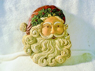#ad VINTAGE SANTA CLAUS HAND PAINTED PLAQUE WALL SIGN PLASTER HANDMADE 9quot; EUC $10.99