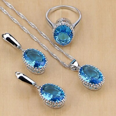 #ad Sky blue aquamarine crystal jewelry Set .Earrings Pendant and Ring Size 7. 8. 9. $29.99