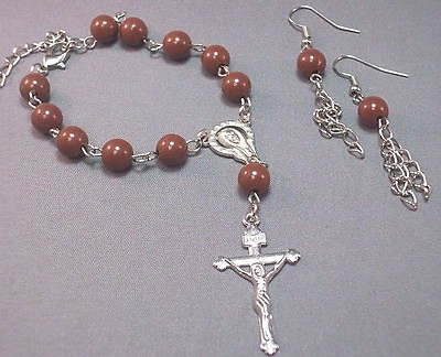 #ad Pocket Rosary Bracelet Earring Set 1 Decade Silver Accent BROWN Beads LAST ONE $7.49