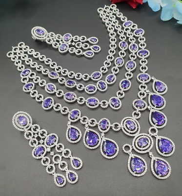 #ad Indian 18k White Gold Filled Indian Bollywood Style CZ Blue Necklace Jewelry Set $389.99