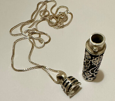 #ad Sterling Silver 925 Prayer Keepsake Urn Cylinder Pendant Necklace Hearts Clovers $55.00