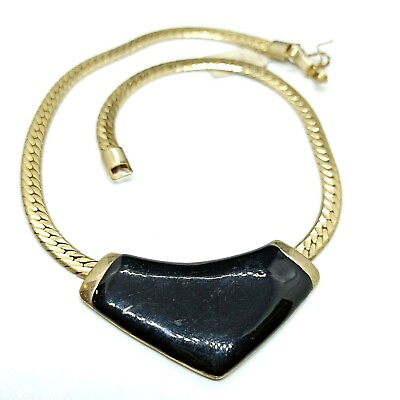 #ad Vintage Bib Necklace Black Enamel Massive Gold Tone Herringbone Chain Statement $22.40