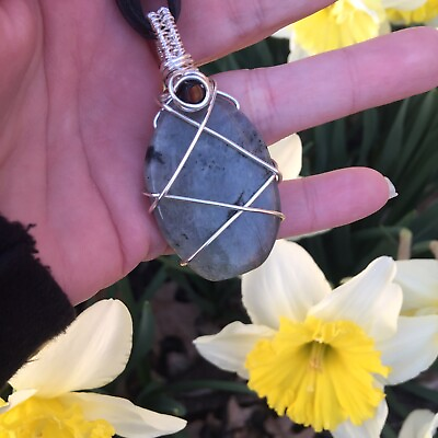 #ad Wire Wrapped Flat Labradorite Crystal Focal Bead Birthstone Pendant Necklace $30.00