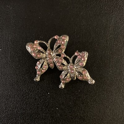 #ad Double Butterflies Silver Tone Pink Rhinestone Pin Brooch J42 $9.99