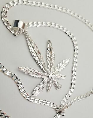 #ad 925 Sterling Silver Marijuana Pendant With 925 Sterling Silver Cuban Chain 22quot; 4 $94.05