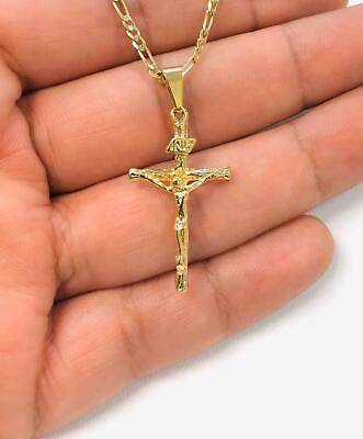 #ad Rustic Cross Necklace 14K Gold F Crucifix Pendant Figaro Link Chain 20quot; Womens $29.99