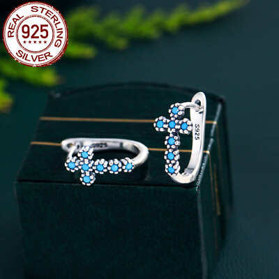 #ad Solid 925 Sterling Silver Blue Tennis Hoop Earrings S925 Turquoise Jewelry $8.92