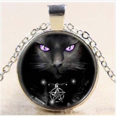 #ad WICCA BLACK CAT WITCHCRAFT OCCULT pendant 20quot; Sterling 925 Silver necklace gift $19.89